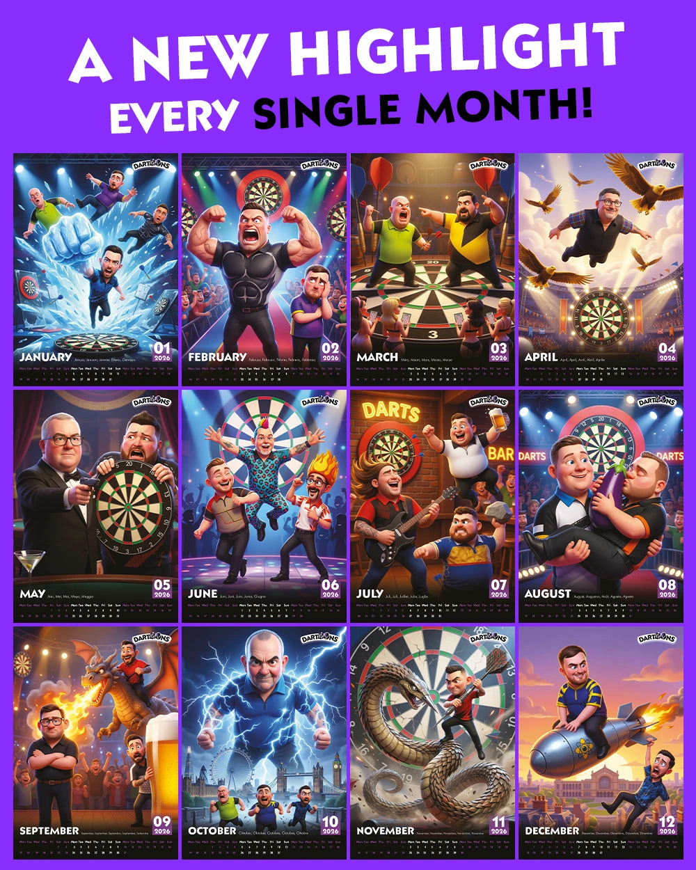 Funny Darts Players Art Calendar 2026