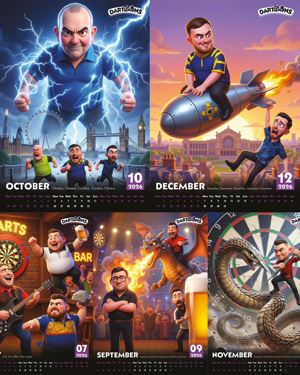 Funny Darts Players Art Calendar 2026